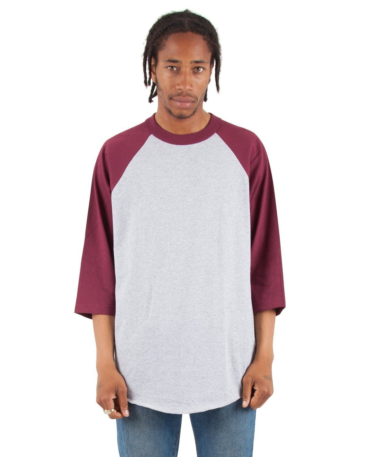 6.0 oz Raglan - Large Sizes 3XL / Heather Grey and Burgundy